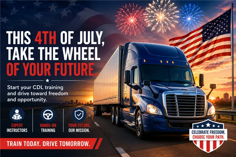 Blue truck driving with fireworks and American flag