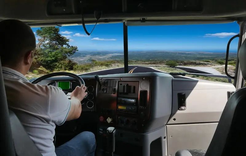 Driver operating truck on scenic road