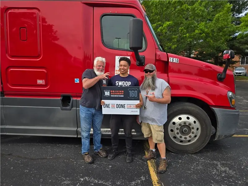 Three men posing beside a red truck